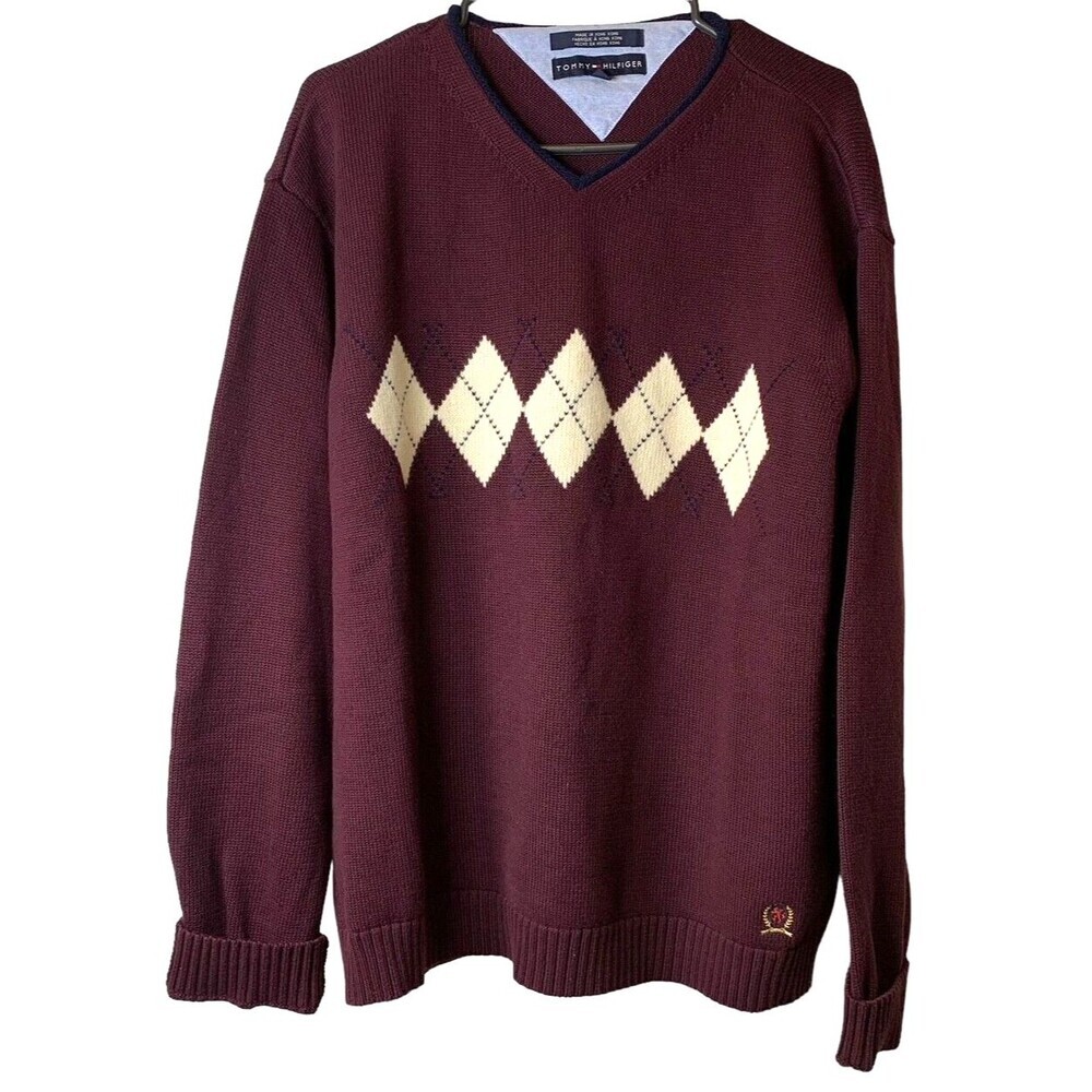 Tommy Hilfiger Sweater Mens Argyle Pullover V-neck Diamond Pattern XL 90s Y2K